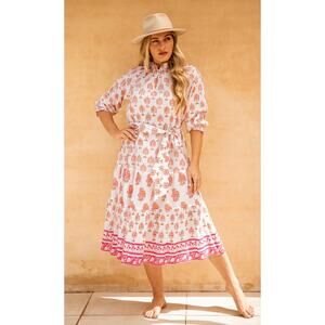 Azure & Indigo Byron Midi Tie Waist Dress Boho Block Print Orange Anthropologie